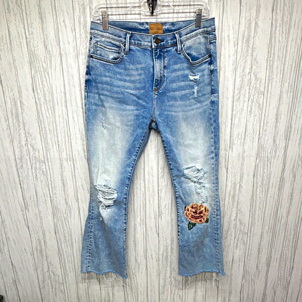 Driftwood Womens Size 30 Classic Fit Cropped  Floral Embroidered Blue Jeans